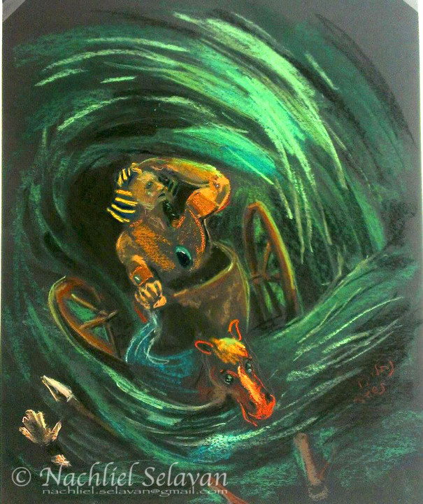 Pharaoh looking somewhat amused by the splitting of the Red Sea (drawing from my Barkai Parasha Series, 2014)