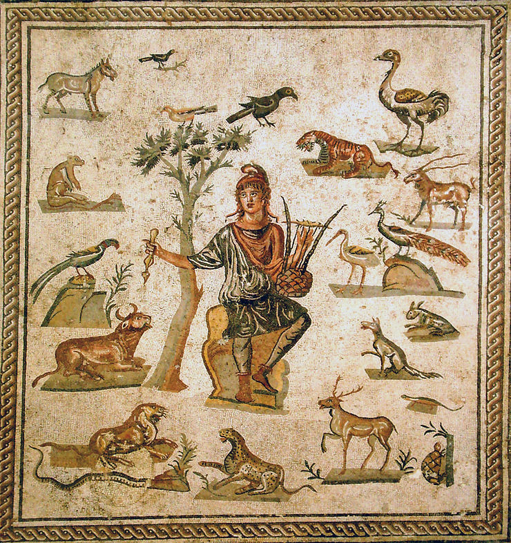 Orpheus playing as the animals are drawn to him